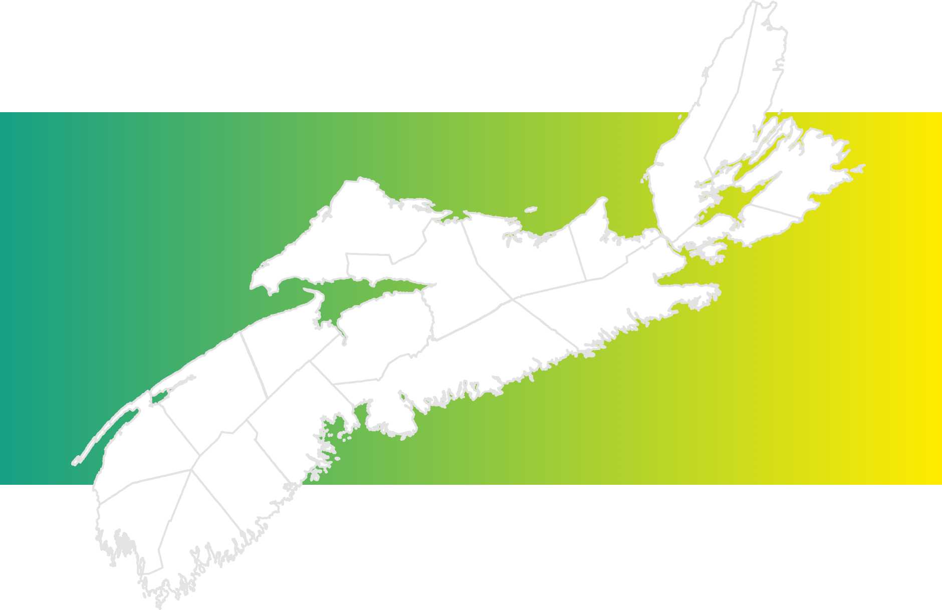 Flat vector Illustration of Nova Scotia in white with a light grey outline highlighting each region. The province is overlayed on a green to yellow gradient background